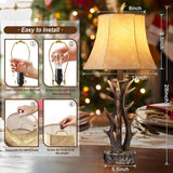 Antler Table Lamps Set of 2 with USB A+C Ports 28" Tall Rustic Farmhouse Deer Bedside Lamps with Faux Leather Bell Shade for Bedroom Living Room Office Decor Western Cabin End Table Lamp, Pull Chain BOOUCUU