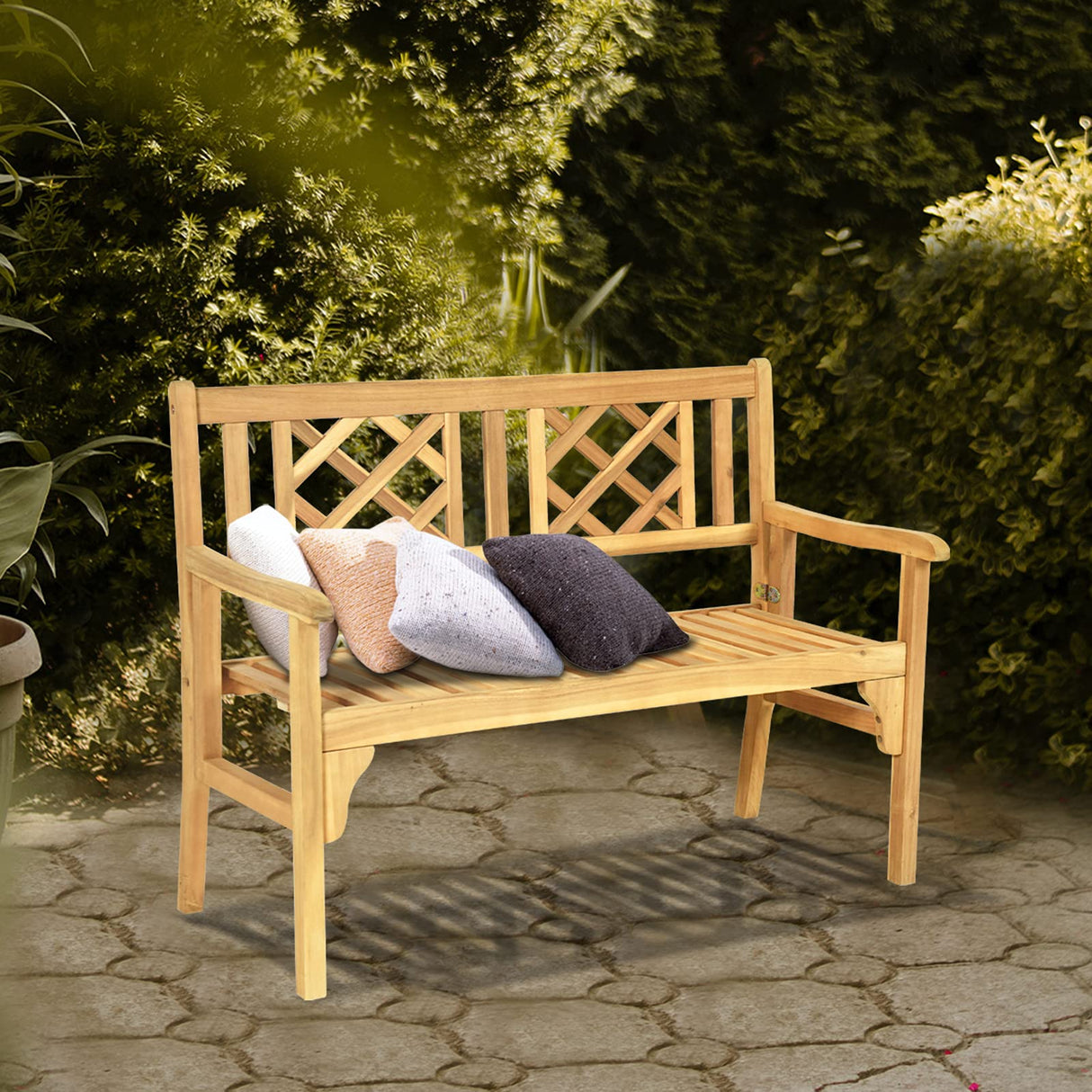 Tangkula Teak Folding Acacia Wood Garden Bench for 2 – Space-Saving, Ergonomic Design with Stylish Lattice Backrest Tangkula