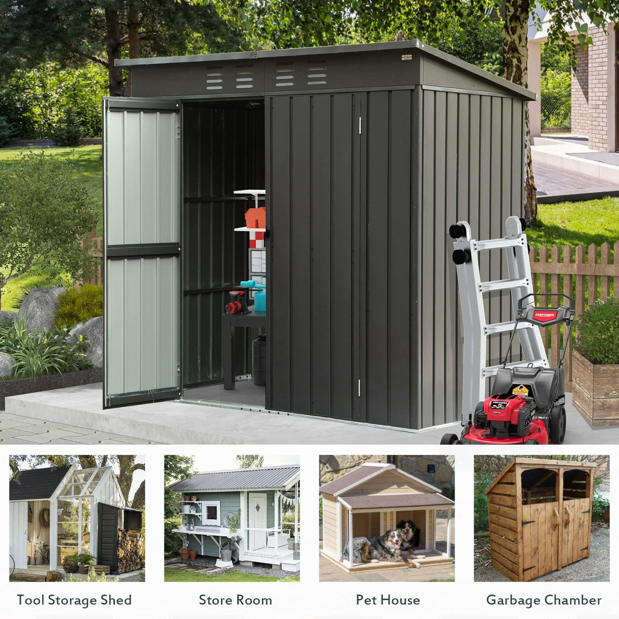 Domi Outdoor Storage Shed 5' x 3’, Metal Garden Shed with Galvanized Steel Frame for Bike, Tools, Lawn Mowers, Pool Toys, Outdoor Storage Cabinet with Lockable Door for Garden Lawn Patio (Dark Grey) domi outdoor living