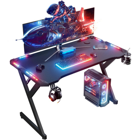 HLDIRECT 40 INCH Gaming Desk with LED Lights, Home Office Gamer Desk, Ergonomic Computer Table with Large Carbon Fiber Desktop, Office Workstation, Cup Holder & Headphone Hook, Black HLDIRECT