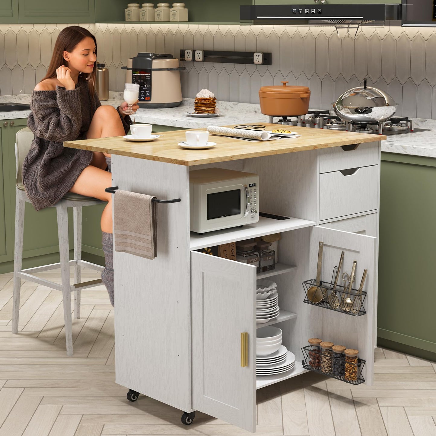 ASTRONAPE Rolling Mobile Kitchen Island Cart Bar with Drawer and Desktop Drop Leaf Countertop, Island Table Storage with 5 Wheels, Rolling Kitchen Cabinet with Power Socket and Towel Rack