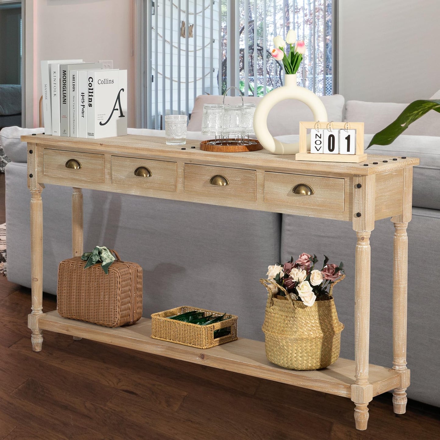 Wnutrees Farmhouse Console Table with 4 Drawers, 60" Long Narrow Boho Sofa Foyer Table with Large Storage Space, Solid Wood Frame and Legs for - WoodArtSupply