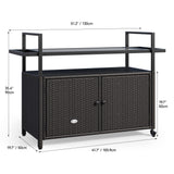 YITAHOME Large Outdoor Kitchen Wicker Island Rolling Cart & Patio Bar Table, w/Wheels and Black Glass Table Top Backyard and Poolside Dark Brown YITAHOME