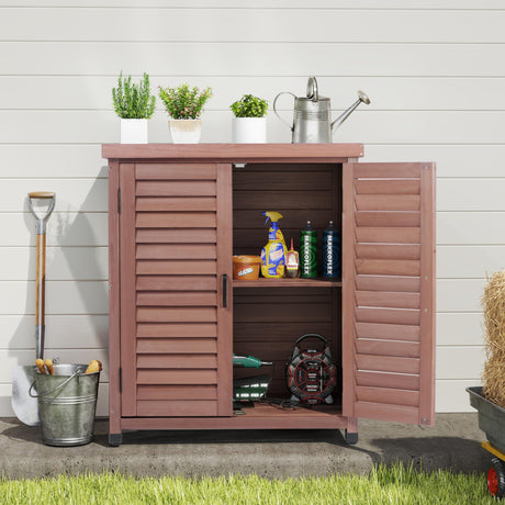 Outdoor Potting Bench with Storage Cabinet and Metal Top, Wood Workstation for Outdoor Patio, Garden (Dark Brown, 31x17x36‘’) Wood-Natrl