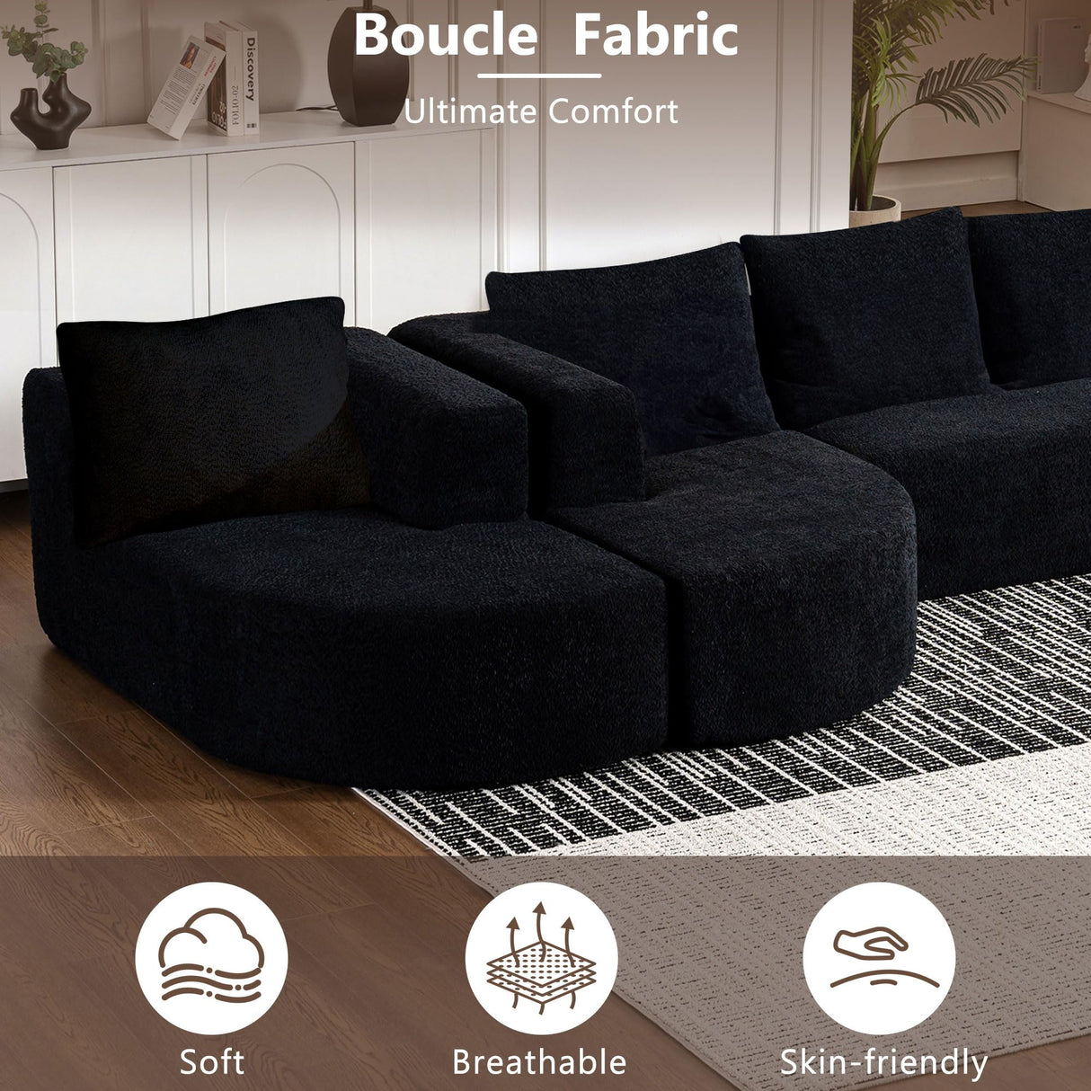 144" Oversized Sectional Couches for Living Room, Modern Luxury Chenille 5-Seater Sofa, Deep Seat Curved Cloud Couch, Modular Sofa with Chaise Lounges & 5 Pillows, No Assembly Required (Black) IZLKQC