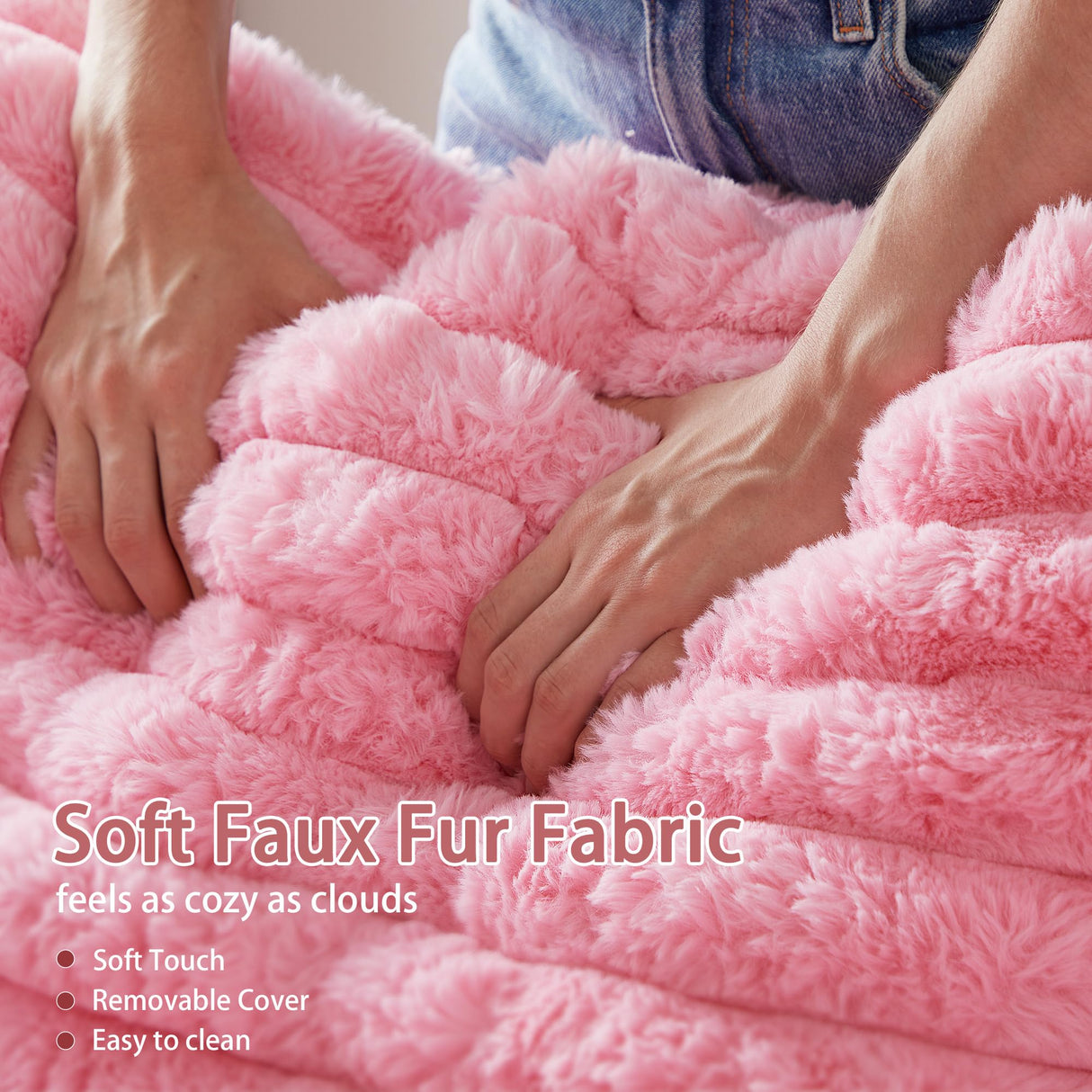 RARZOE 64'' Oversized Chaise Lounge Chair Indoor, Plush Faux Rabbit Fur Sleeper Sofa Bed with 4 Pillows, Charging Station & Cup Holders, Fluffy Comfy Cloud Couch Loveseat Sofa for Living Room,Pink RARZOE