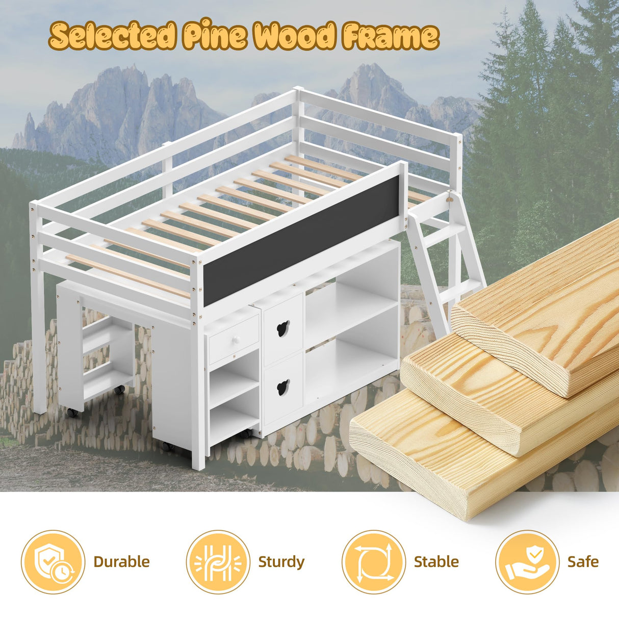 TOLEAD Low Loft Bed with Desk, Solid Wood Twin Low Loft Bed with Storage Cabinet, Blackboard, Ladder and Guardrail for Kids Juniors Boys Girls, No Box Spring Needed, White TOLEAD