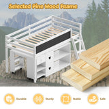 TOLEAD Low Loft Bed with Desk, Solid Wood Twin Low Loft Bed with Storage Cabinet, Blackboard, Ladder and Guardrail for Kids Juniors Boys Girls, No Box Spring Needed, White TOLEAD