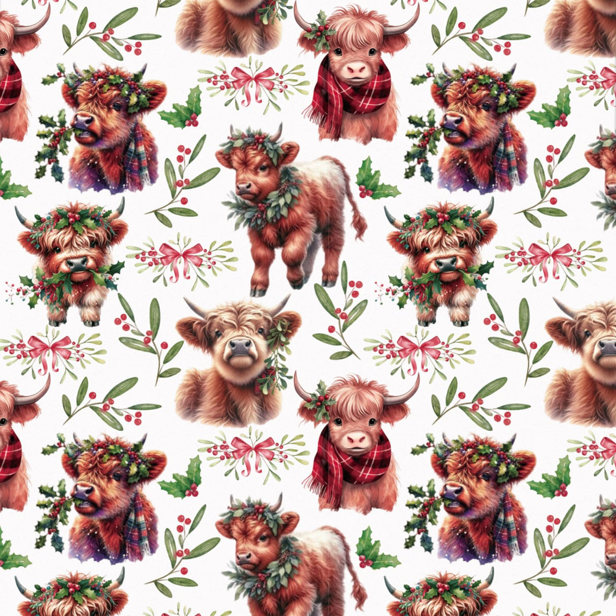 RUSPEPA Christmas Cow Wrapping Paper Roll, Mini Roll, Cute Highland Cow with Wreath & Scarf, Floral and Greenery, Gift Wrap for Kids, Women, Family, Farmhouse Style Xmas Gifts, 17 Inches x 16.4 Feet RUSPEPA