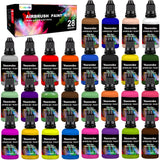Airbrush Paint 28 Colors Water-Based Acrylic Airbrush Paint Set Ready To Spray For Nails Artists Diy Hobbyist And Beginners Painting Supplies Includes Metallic Neon Colors (30 ml/1 oz) Vanwoke