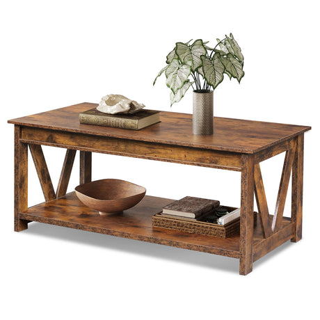 WLIVE Farmhouse Coffee Table,Living Room Table with Storage,43 in Wood Center Table with V-Shaped Frame for Home Office,Apartment,Rustic Brown WLIVE