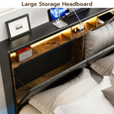 IKIFLY Queen Bed Frame with 4 Drawers, Storage Headboard, LED Lights & Charging Station in Black IKIFLY