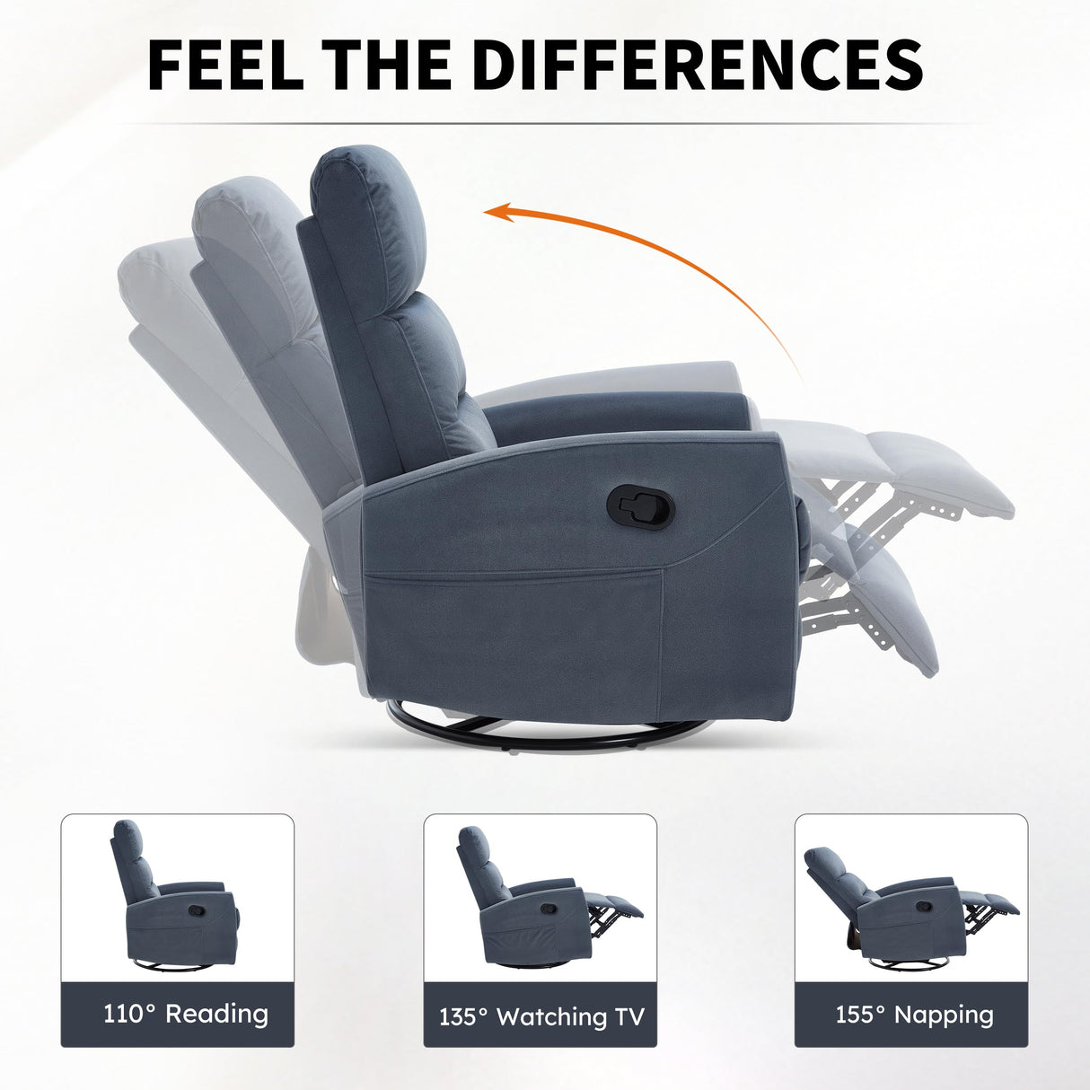 360° Swivel Rocking Chair for Nursery, Manual Glider Chair Nursing Chair with Side Pockets, Polyester Glider for Living Room, Heavy Duty Motion Mechanism, Blue Gray Luxlen