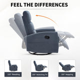 360° Swivel Rocking Chair for Nursery, Manual Glider Chair Nursing Chair with Side Pockets, Polyester Glider for Living Room, Heavy Duty Motion Mechanism, Blue Gray Luxlen