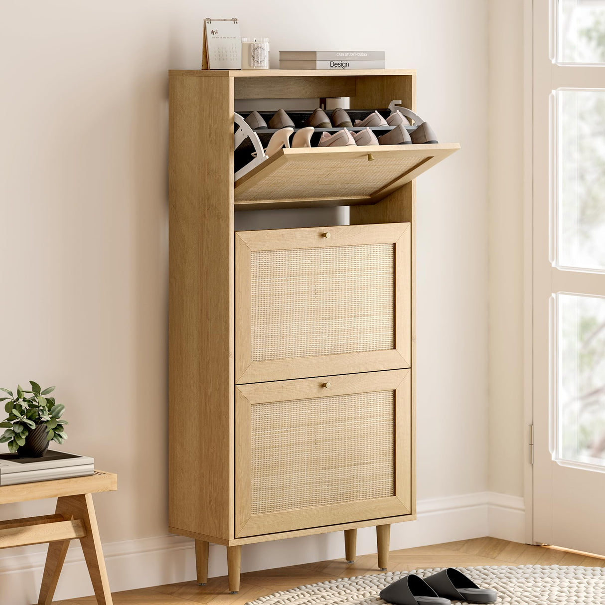 EYYTHUNG Rattan Shoe Cabinet Narrow Shoe Storage Cabinet with 3 Flip Drawers Hidden Freestanding Shoe Rack Organizer with Wood Legs for Entryway Slim, Hallway, Natural Oak EYYTHUNG