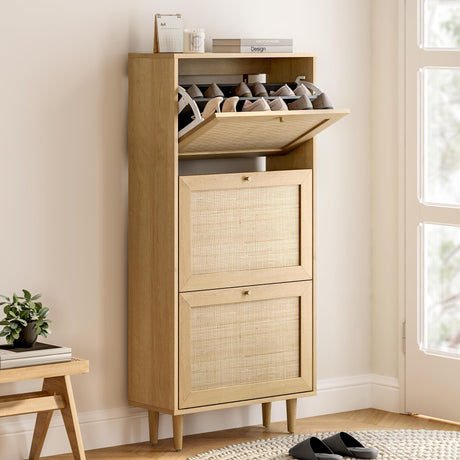 EYYTHUNG Rattan Shoe Cabinet Narrow Shoe Storage Cabinet with 3 Flip Drawers Hidden Freestanding Shoe Rack Organizer with Wood Legs for Entryway Slim, Hallway, Natural Oak EYYTHUNG