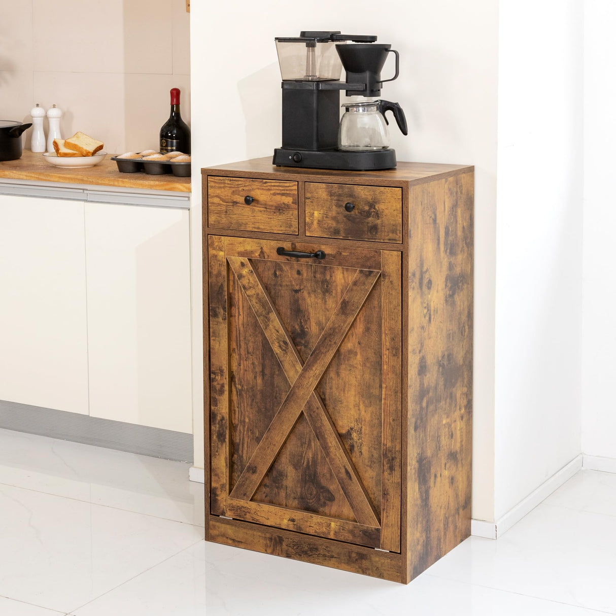 Zvyteay 13 Gallons Tilt Out Trash Can Cabinet, Wooden Trash Cabinet with 2 Drawers, Free Standing Kichen Waste Bin Recycling Cabinet Pet Proof Hidden Trash Cabinet for Kitchen (Brown) Zvyteay