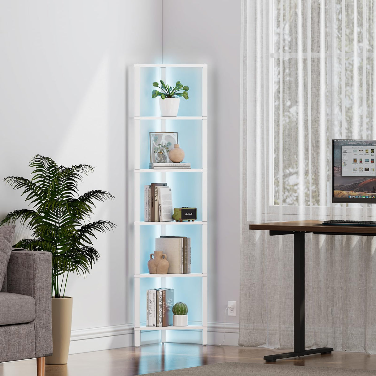 TUTOTAK 6-Tier Corner Bookshelf with LED Light,Corner Shelf for Small Space, Narrow Display Corner Shelf Stand with Storage Rack, for Living Room, Bedroom, Pure White V1BS05BW006L TUTOTAK