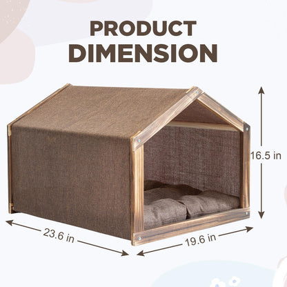 Dog House with Wooden Frame for Small Dogs or Cats Pet House with Fabric Cushion for Indoor (Brown)