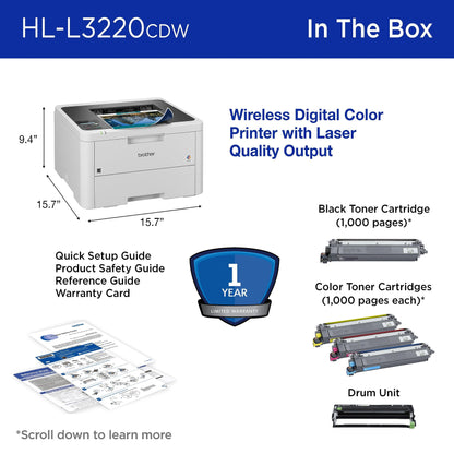 Brother HL-L3220CDW Wireless Compact Digital Color Printer with Laser Quality Output,Duplex & Mobile Device Printing Includes 4 Month Refresh Subscription Trial¹,Amazon Dash Replenishment Ready,White