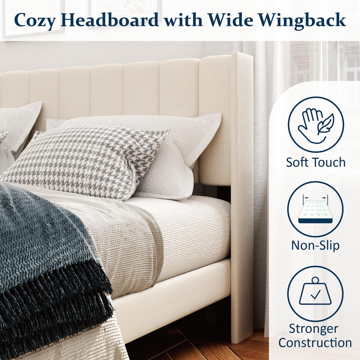 Sismplly King Size Bed Frame and Headboard,Vertical Channel Tufted Wingback No Box Spring Needed, Mattress Foundation, Easy Assembly, Beige Sismplly