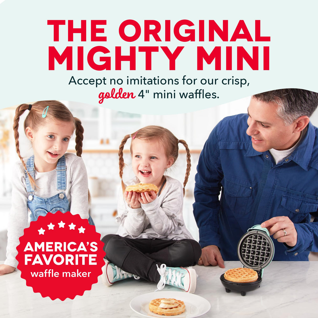 DASH Mini Waffle Maker - 4” Waffle Mold, Nonstick Waffle Iron with Quick Heat-Up, PTFE Nonstick Surface - Perfect Mini Waffle Maker for Kids and Families, Just Add Batter (Aqua) DASH