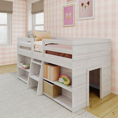 Max & Lily Modern Farmhouse Low Loft Bed, Twin Bed Frame for Kids with 2 Bookcases, White Wash Max & Lily