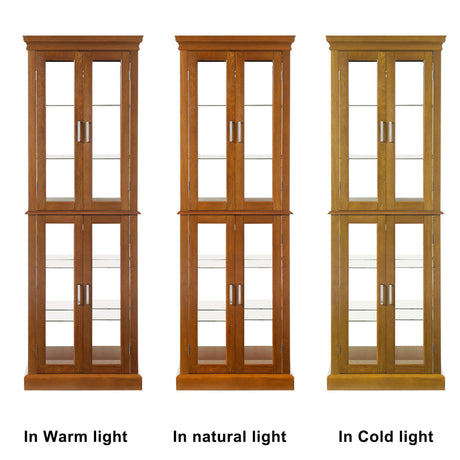 Royard Oaktree Lighted Curio Cabinet Wooden Display Cabinet with Adjustable Tempered Glass Shelves Vintage Accent Storage Cabinet with Mirrored Back & Tempered Glass Doors, Oak Royard Oaktree