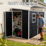 FammyLoft 4‘x8’ Lean to Shed, Resin Storage Sheds Outdoor with Floor Included, Plastic Sheds & Outdoor Storage Clearance with 2 Windows, Backyard Storage Sheds for Garden Tools, Bicycle FammyLoft