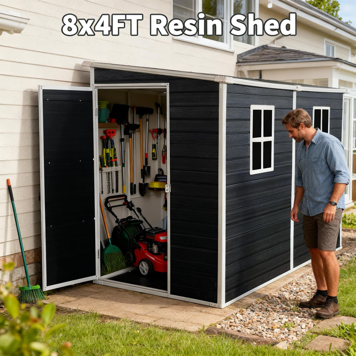 Zolyndo 8x4ft Lean to Shed, Resin Outdoor Storage Shed with Floor and 2 Windows, Plastic Sheds & Outdoor Storage Clearance for Patio Furniture, Garden Tools Bike Accessories, Beach Chairs Zolyndo