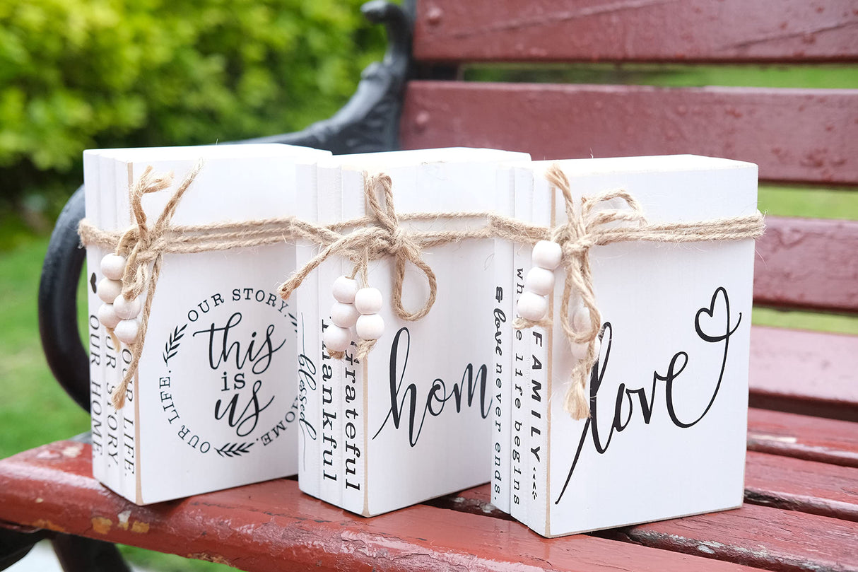 LIVDUCOT Wooden Farmhouse Decor Book Stack | Faux Book Stacks | Set of 3 Stacked Books for Coffee Tables Book Shelf Decor | Grateful Thankful Blessed Home Sign 7'x 5.5'x 2.5' LIVDUCOT