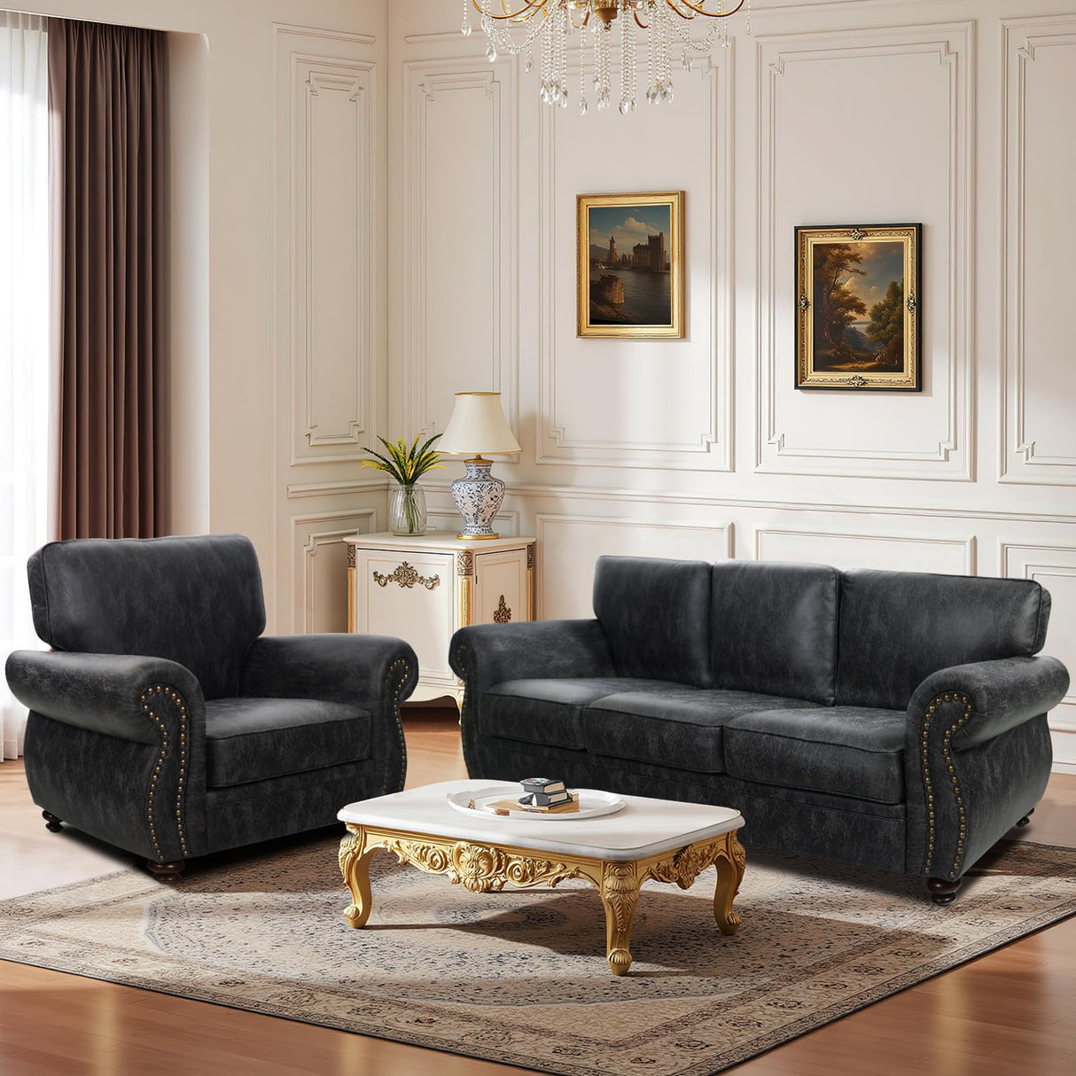 Couchus Mid-Century Vintage Sofa Couches with Rivet Design,loveseat Sofa,Removable Sofa Cover Upholstered Cushions and Solid Wood Frame (Grey, Loveseat) Couchus