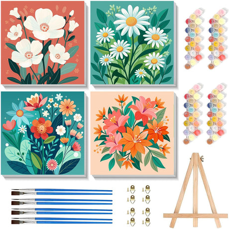 cviokrdu 4 Pack Paint by Numbers Kit for Kids with Frame - Wooden Easel, Flowers Paint by Numbers for Kids Ages 4 8 12, Easy Flower Acrylic Oil Painting Kits for Home Wall Decoration 8x8 inch cviokrdu