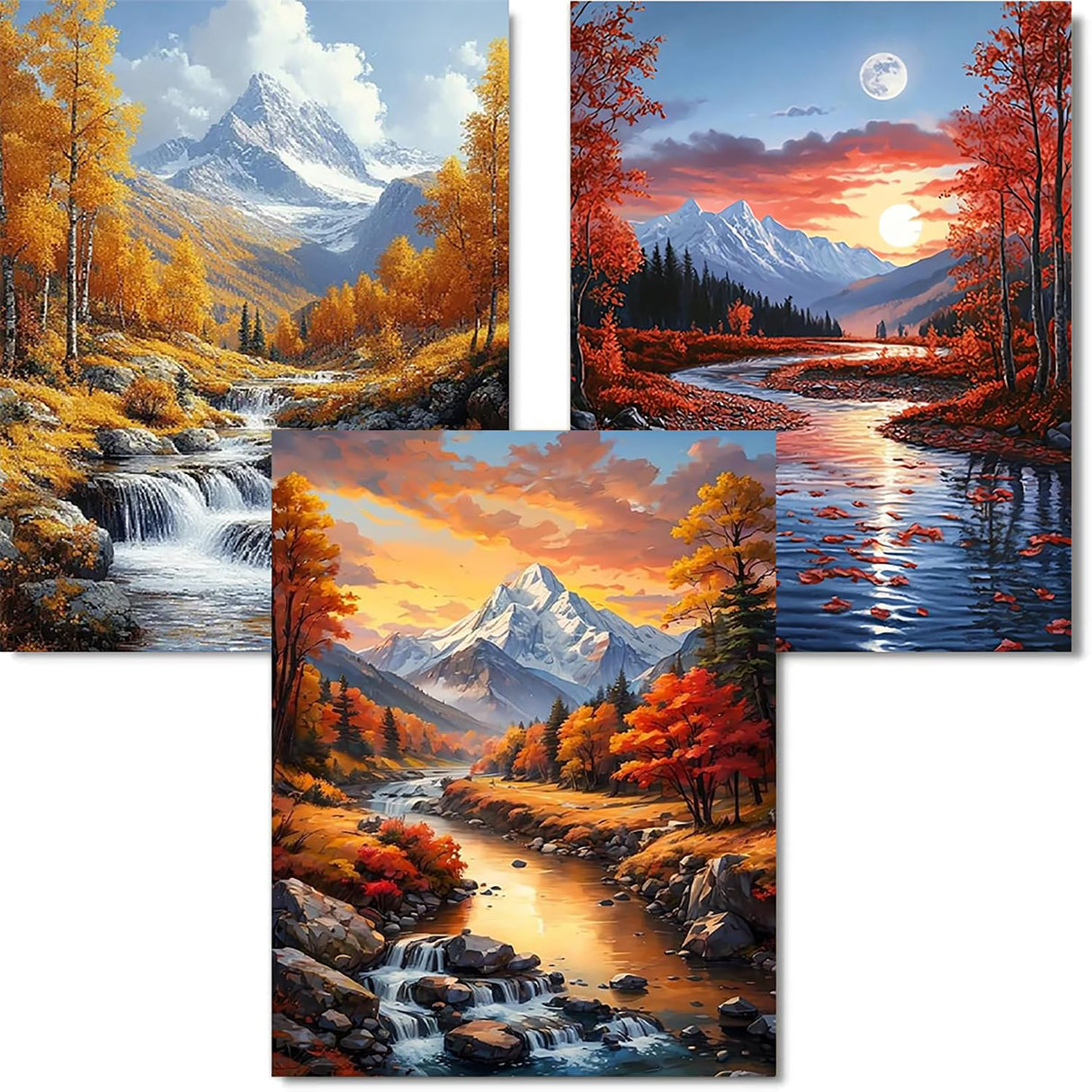3 Pack Fall Diamond Art Kits for Adults Beginner, Mountain DIY Modern Diamond Painting Kits 5D Diamond Dots Gem Art Crafts with Tools,Round Full Drill Funny Crafts for Home Wall Decor&Gift-12x16in WUDWL
