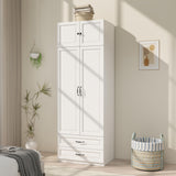 Armoire Wardrobe Closet with Doors: 89" Extra Tall White Wardrobe with Storage on Top, Bedroom Armoires with 2 Doors and 2 Drawers, Large Wood Closet Armoire for Hanging Clothes (A, 31.5") LABROSKIA
