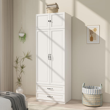 Armoire Wardrobe Closet with Doors: 89" Extra Tall White Wardrobe with Storage on Top, Bedroom Armoires with 2 Doors and 2 Drawers, Large Wood Closet Armoire for Hanging Clothes (A, 31.5") LABROSKIA