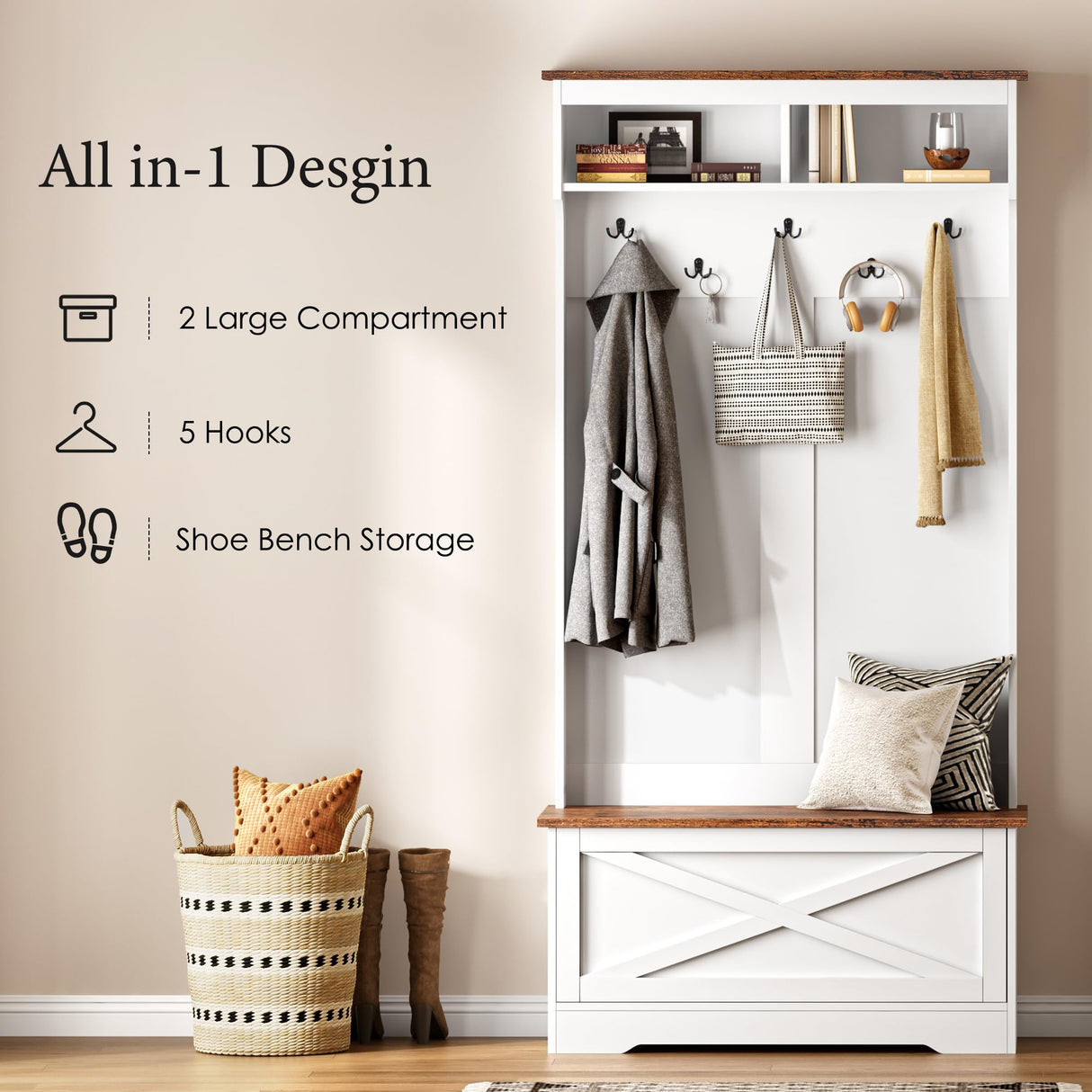 SogesHome Hall Tree with Bench, Coat Rack Close Storage with Shoe Bench, Farmhouse Tree Hall with 2 Storage Cabinet, 5 Hooks, Narrow Tall Cabinet for Entryway and Space Saving SogesHome