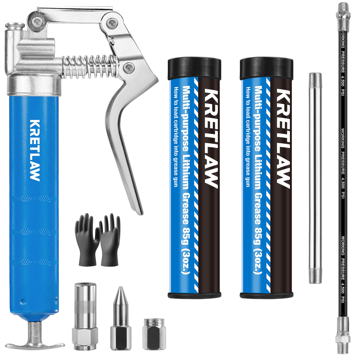KRETLAW Mini Grease Gun (3000PSI) with Double 3oz Cartridge Grease and 12'' Flex Hose, Reinforced Coupler for Automotive,Marine KRETLAW