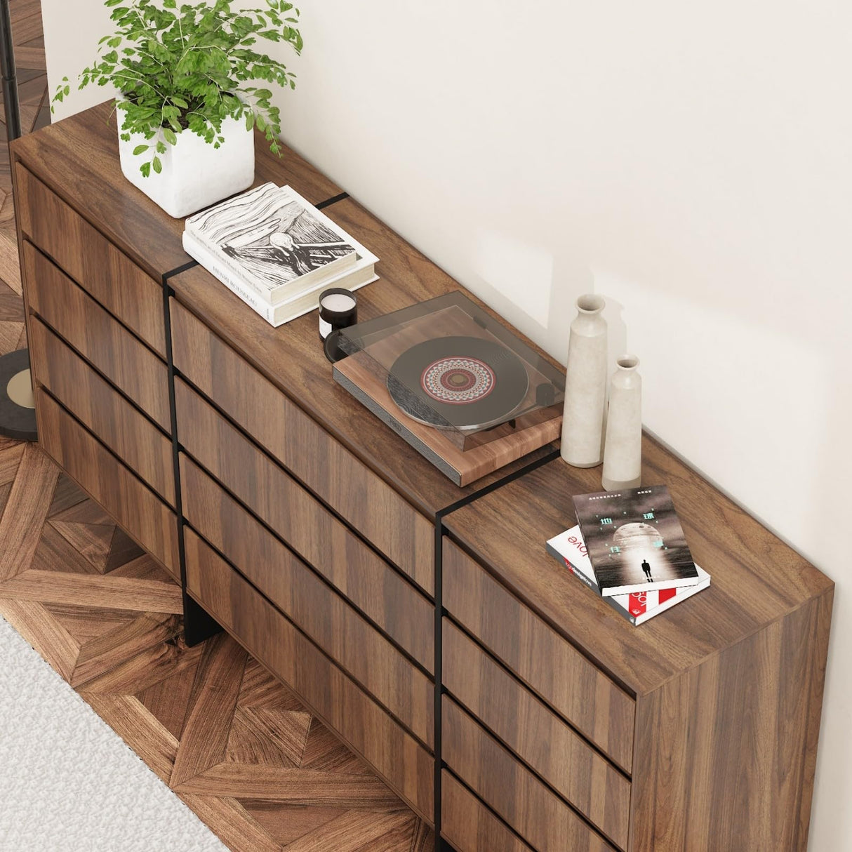 FAMAPY Dresser Chest of Drawers, 12 Drawer Dresser, Wood Modern Drawer Chest, for Bedroom Living Room Office, Brown and Black, Wood Grain, 15.7”D x 70.9”W x 35.4”H FAMAPY