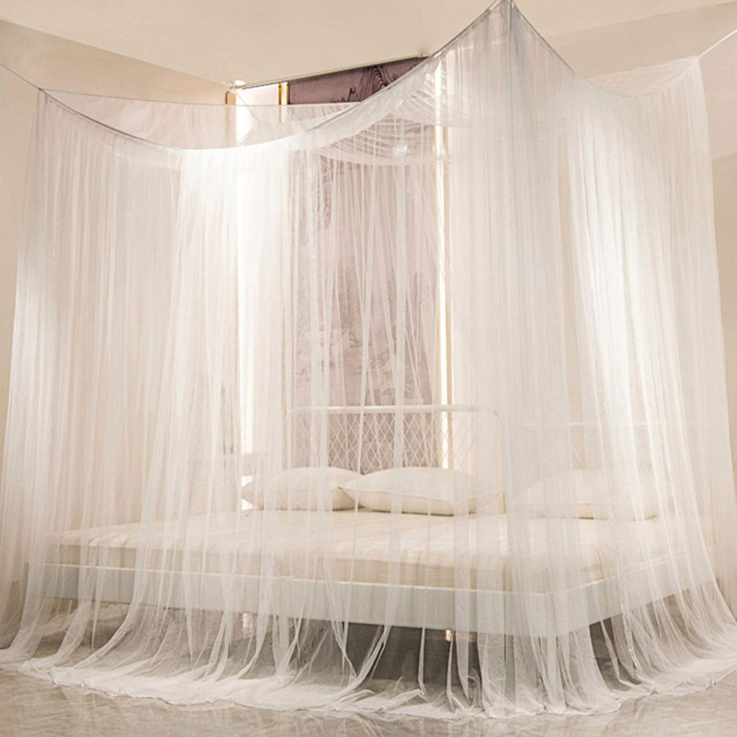 Twinkle Star 4 Corner Post Bed Canopy, Elegant Curtain Net for Full/Queen/King Size Bed (White)