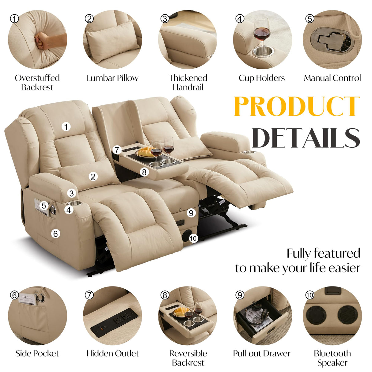 DRMBOOK Loveseat Rocker Recliner Sofa, Leathaire Fabric Double Reclining Couches with Console, Manual Reclinable Dual Recliner, RV Movie Theater Seating with USB/Bluetooth Speaker (Leathaire Beige) DRMBOOK
