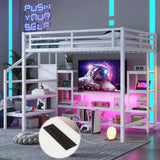 Full Size Loft Bed with LED Light & TV Table, High Loft Beds with Charging Station & Storage Bookcase, Wardrobe, Heavy-Duty Metal Lofts Frame with Stairs for Kids, Teens & Adults Dorms, White Mirightone