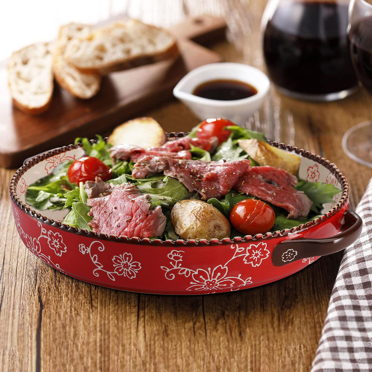 AVLA 2 Pack Ceramic Pie Pan, 9 Inch Round Baking Dish with Double Handle, 28 Ounce Deep Quiche Plate for Kitchen, Cooking, Roasting Lasagna (Sakura, Red) AVLA