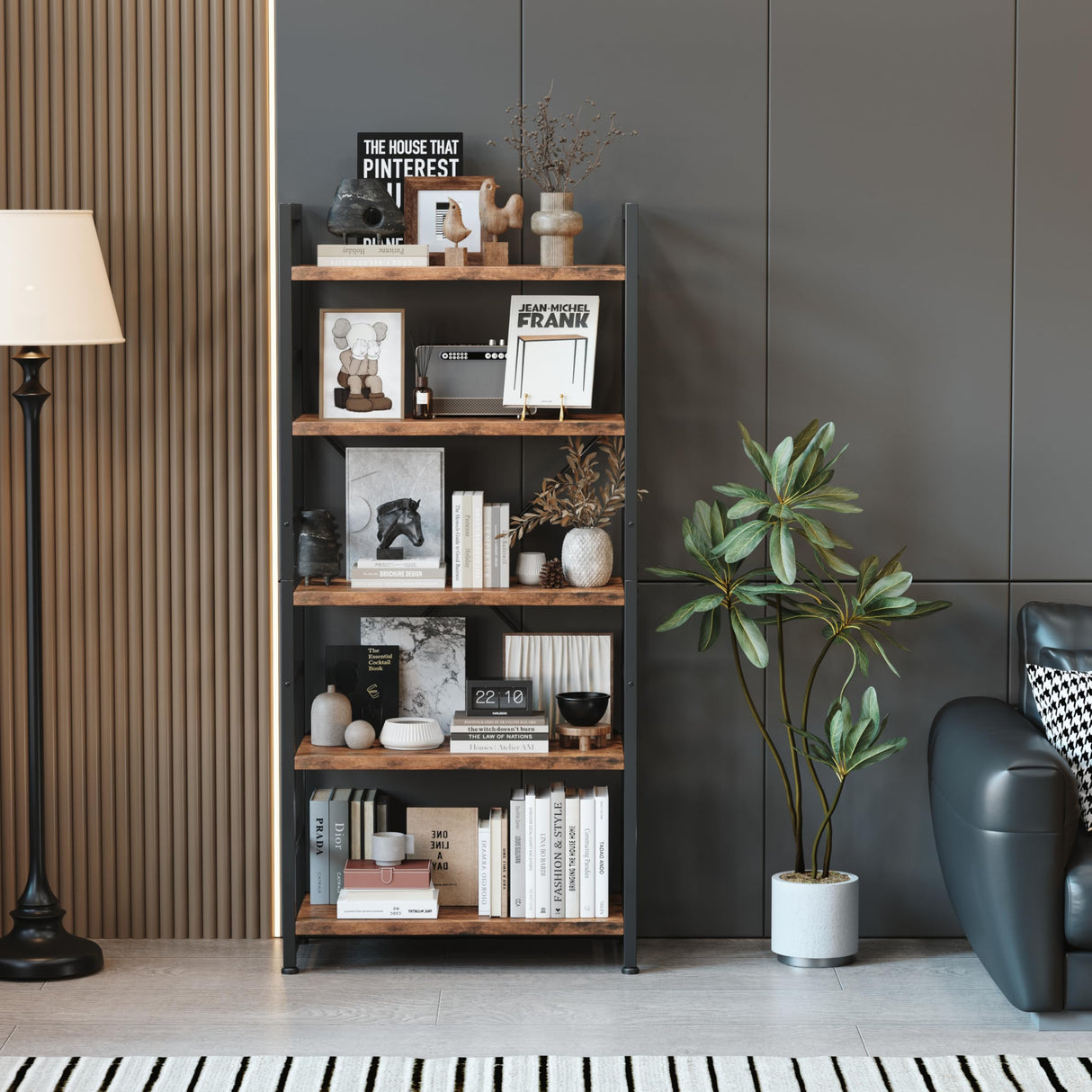 VERMESS 5 Tier Bookshelf, Tall Book Shelf, Vintage Industrial Bookcase with Open Display Shelves, Wood Storage Shelving Unit Metal Frame Standing Bookshelves for Bedroom/Home/Office, Rustic Brown VERMESS