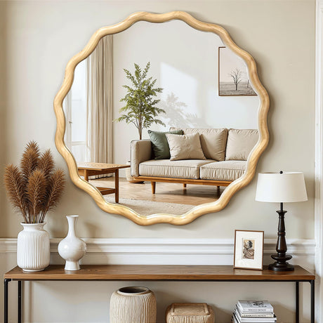 Circle Wood Mirrors for Wall, Wavy Round Bathroom Scalloped Mirror Wooden Frame 24 Inch for Living Room Farmhouse Bedroom Hallway Entryway Living Room with Shatterproof Glass Wall Mounted FGU