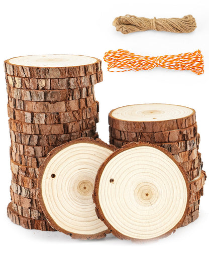 Unfinished Natural Wood Slices Small Wood Rounds with Bark 2.4-2.8” Wood Ornaments Round Wooden Slices for Crafts Small Blank Wood Circles with Holes Wooden Chips Round Wood Chips Wood Cookie 27PCS