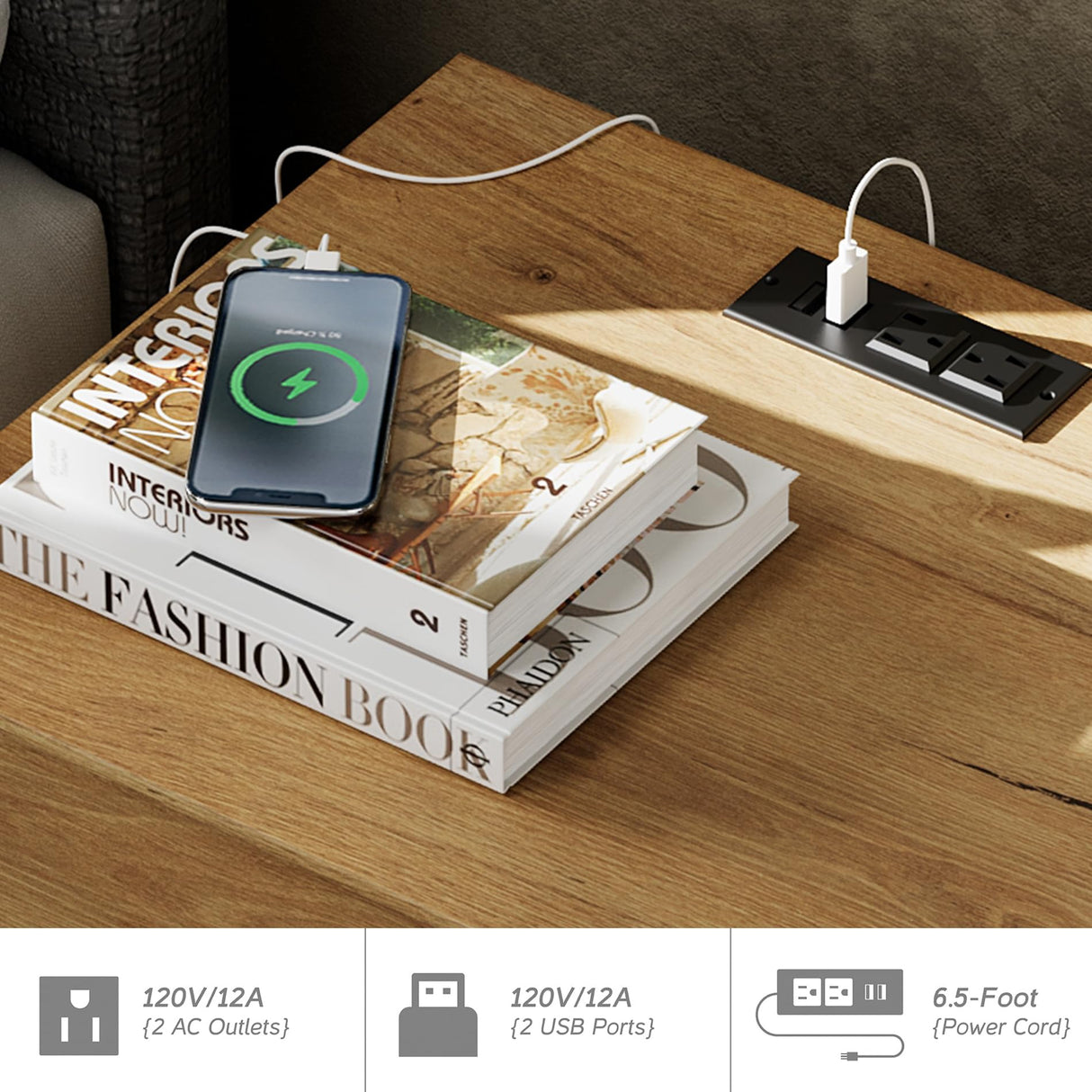 Set of 2 Nightstands with Charging Station &2 Drawers Storage Shelf, Modern End Tables Farmhouse Wood Bedside Table for Living Room and Bedroom,Oak Brown WAMPAT