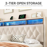 DWVO King Bed Frame with Upholstered Headboard, Platform Bed Frame with LED Lights & Charging Station, No Box Spring Needed, Beige DWVO