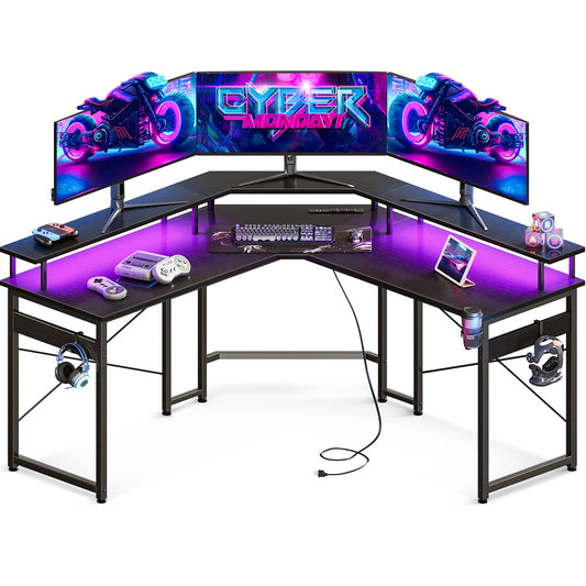 ODK L Shaped Gaming Desk with LED Lights & Power Outlets, 51" Computer Desk with Full Monitor Stand, Corner Desk with Cup Holder, Gaming Table with Hooks, Black - WoodArtSupply