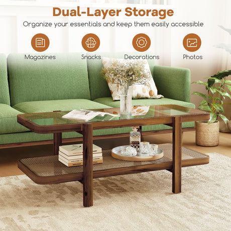Tangkula Rattan Coffee Table, 47.5”L Boho Cocktail Tables, 2-Tier Center Table with Tempered Glass Tabletop, PE Rattan Shelf & Acacia Wood Frame, Mid Century Modern Tea Table for Living Room (Natural) Tangkula